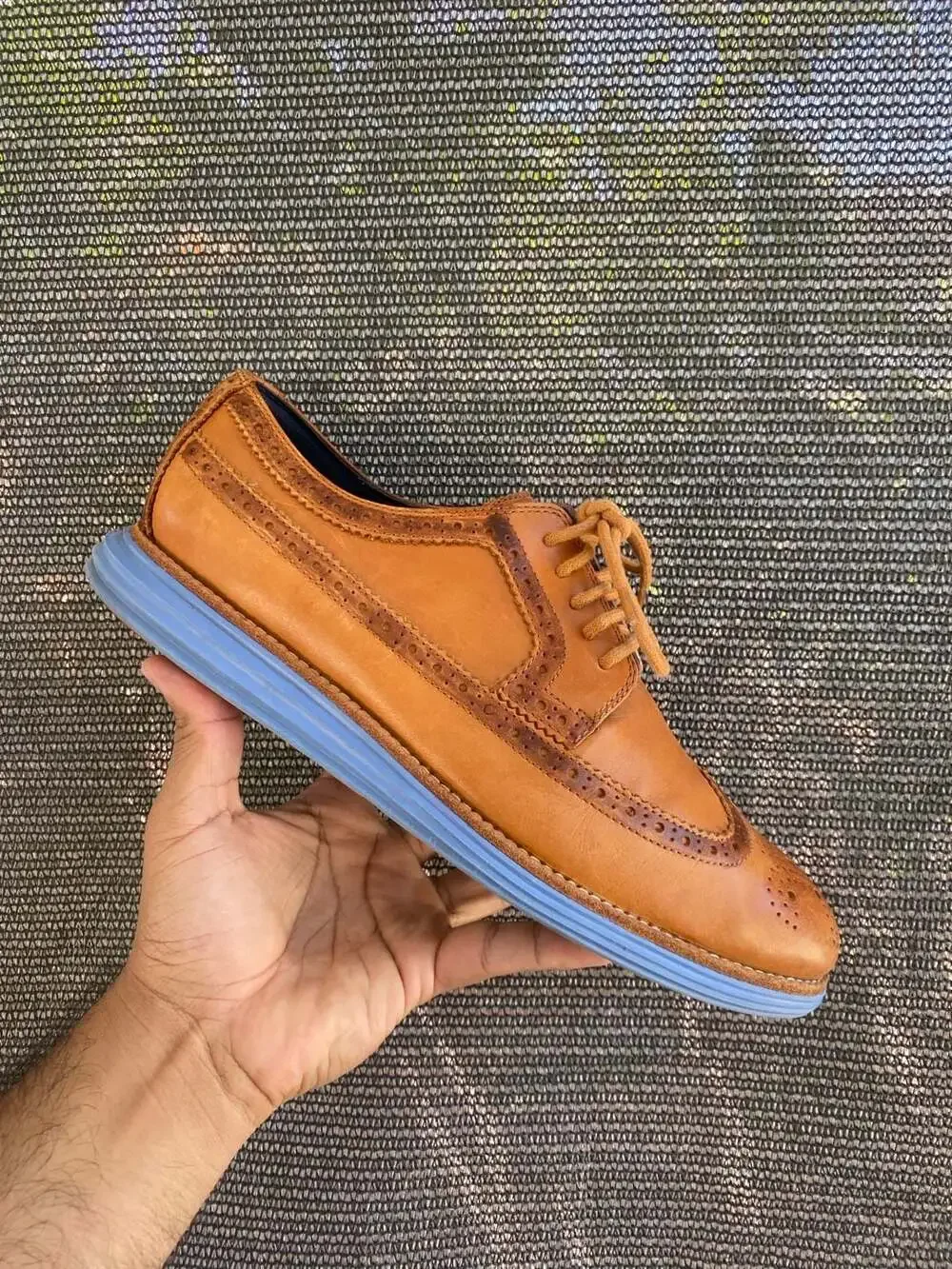 Cole Haan Lunargrand Wingtip Brogue Oxford Shoes Brown Leather Blue Soles